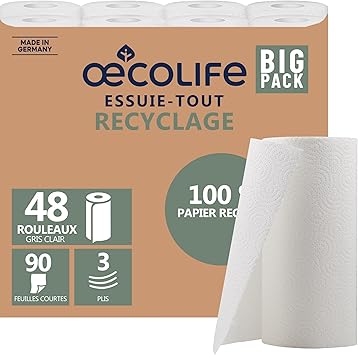 œcolife Lot de 48 rouleaux de 90 feuilles de papier recyclé, 3 couches, durables, fabriqués en Allemagne : Amazon.fr: Epicerie