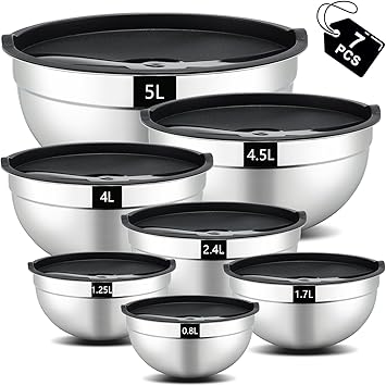 hunnycook Set de 7 saladier avec couvercle,Saladier en acier inoxydable avec couvercle 5L,4.5L,4L,2.4L,1.7L,1.25L,0.8L,Ensemble de saladier empilables,Lavable au lave-vaisselle : Amazon.fr: Cuisine et Maison