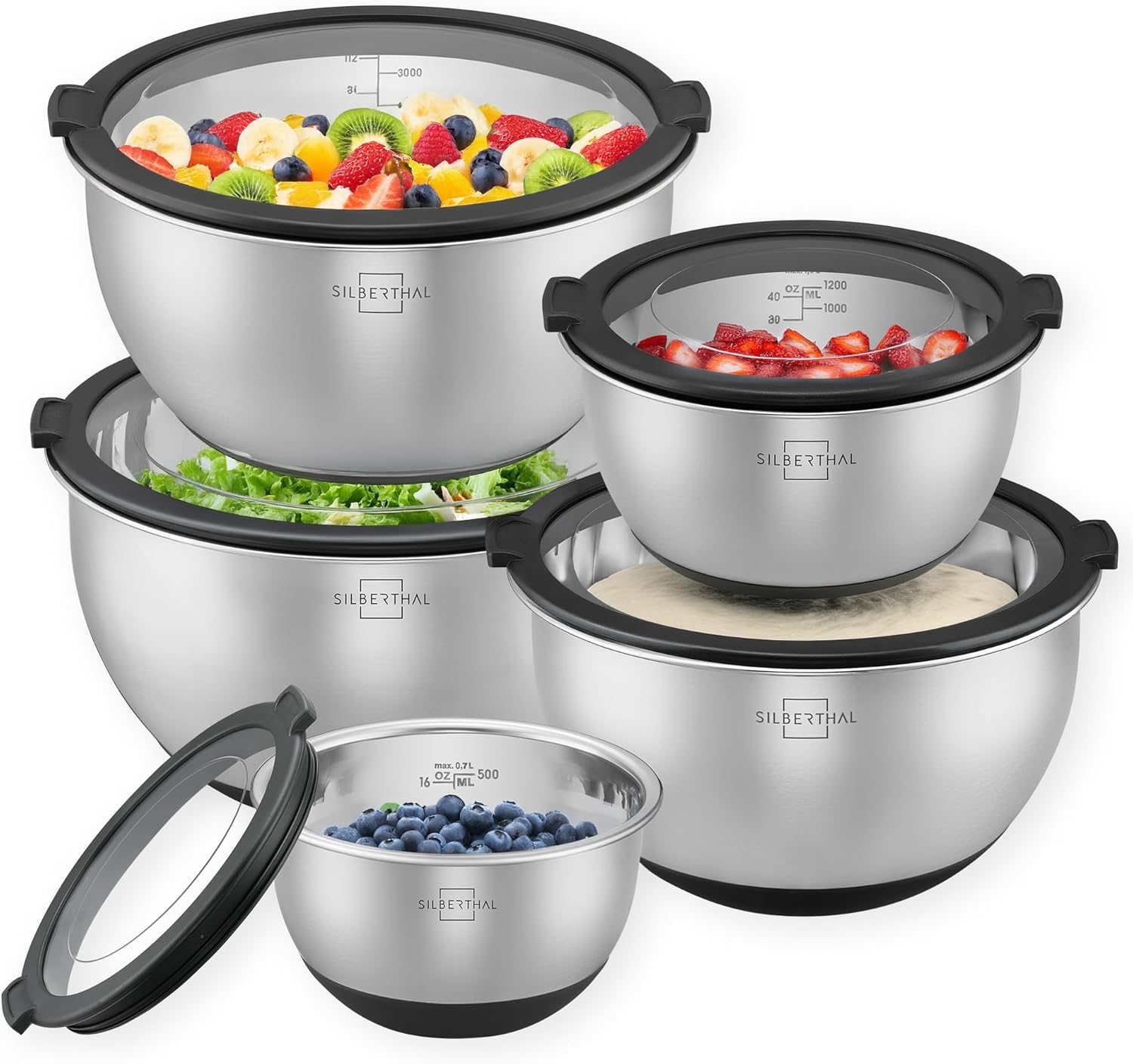 SILBERTHAL Saladiers Inox avec Couvercles Hermétiques Lot de 5 - Bol melangeur - Échelle Graduée - Cul de Poule Inox - Idéal pour Conserver ou Mixer : Amazon.fr: Cuisine et Maison