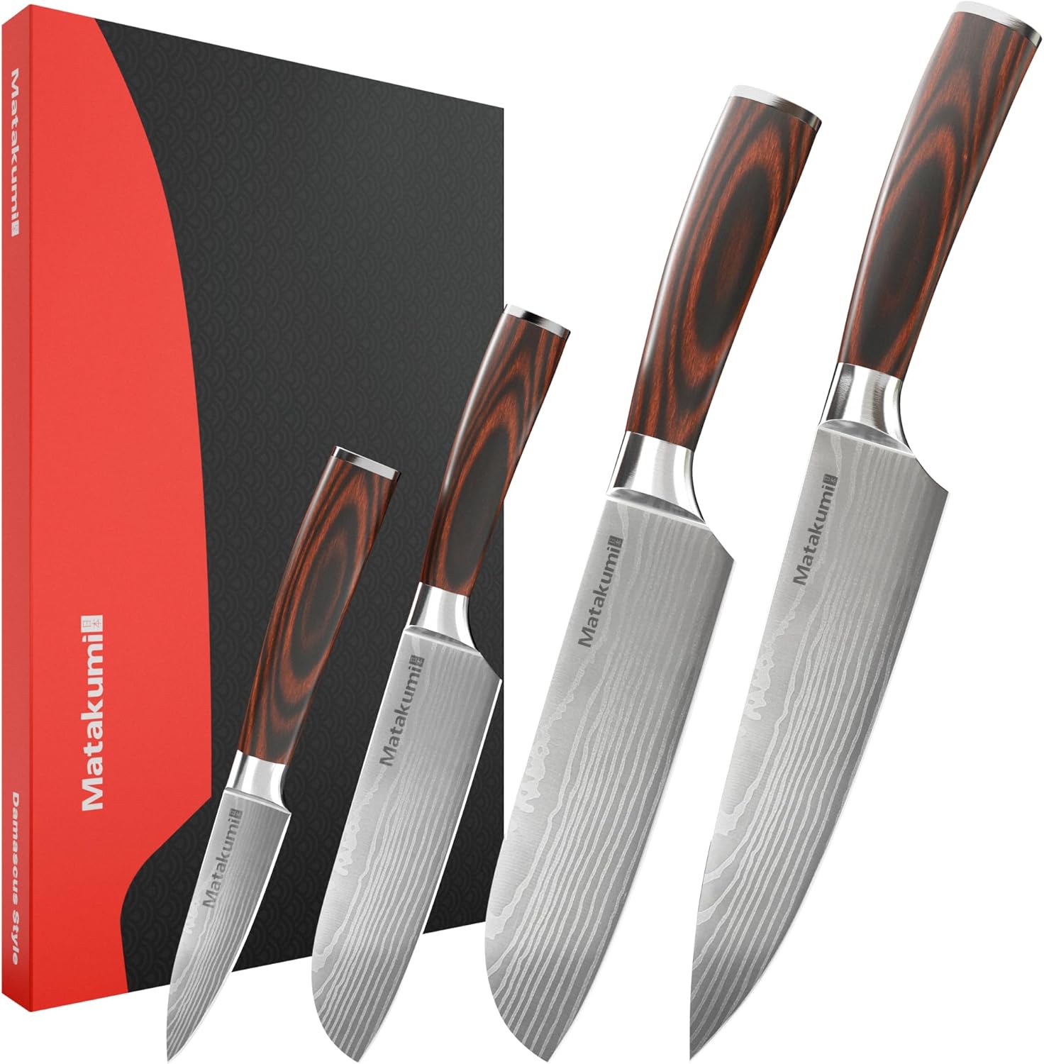 Matakumi couteau cuisine japonais inspiré set avec motif damassé gravé, lames en acier au carbone avec manche ergonomique pour un confort durable, 4 pièces couteau cuisine professionnel : Amazon.fr: Cuisine et Maison