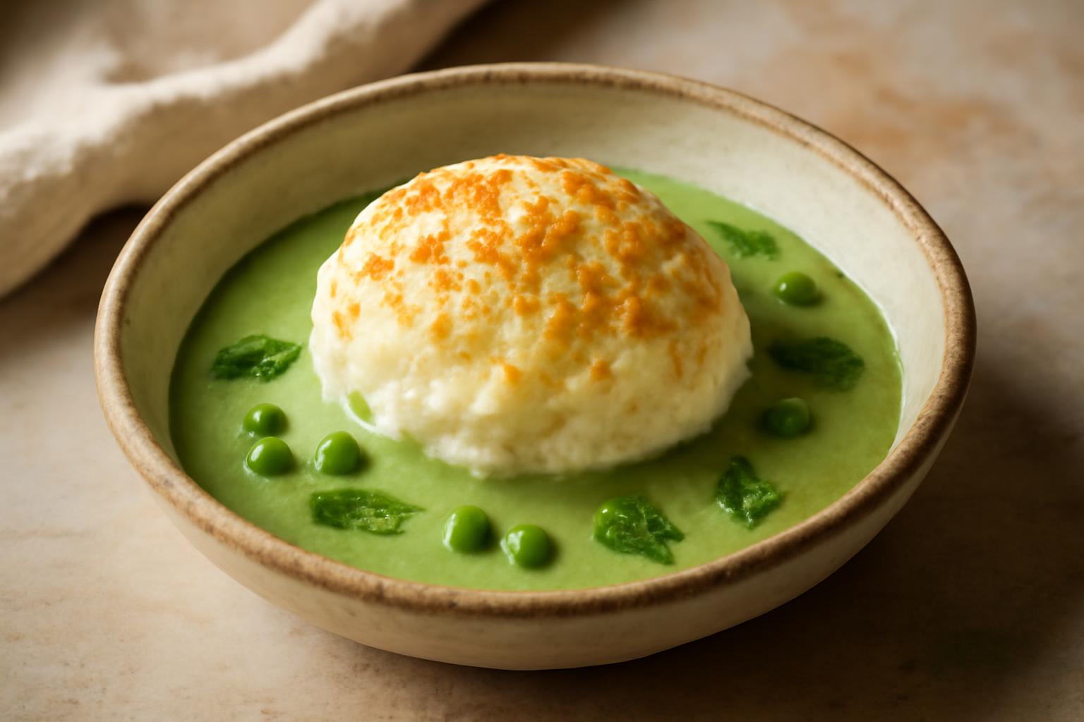 Île Flottante au Parmesan sur Velouté Glacé de Petits Pois à la Menthe