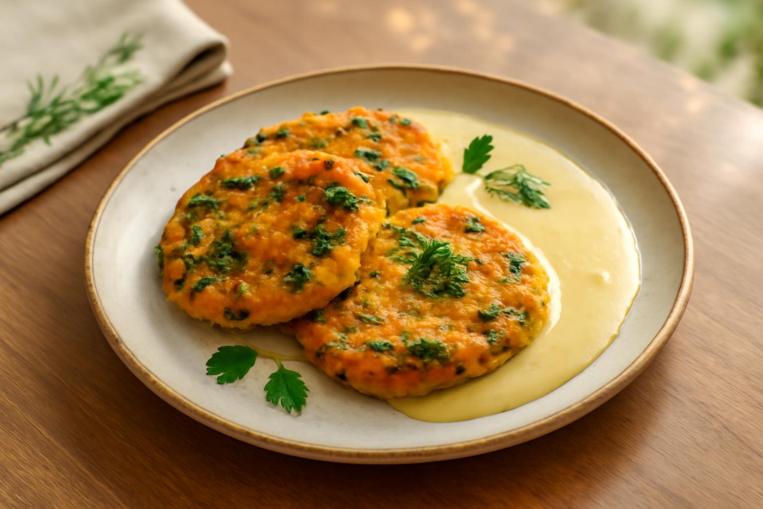 Cakes à la Patate Douce et Épinards avec Sauce Coco-Curry