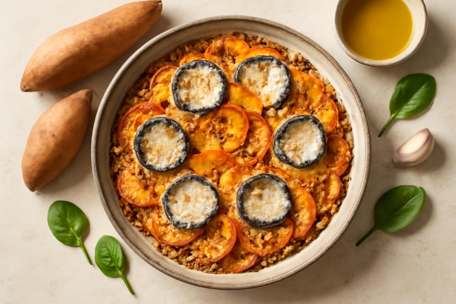 Gratin Fondant de Patate Douce, Quinoa et Chèvre Cendré