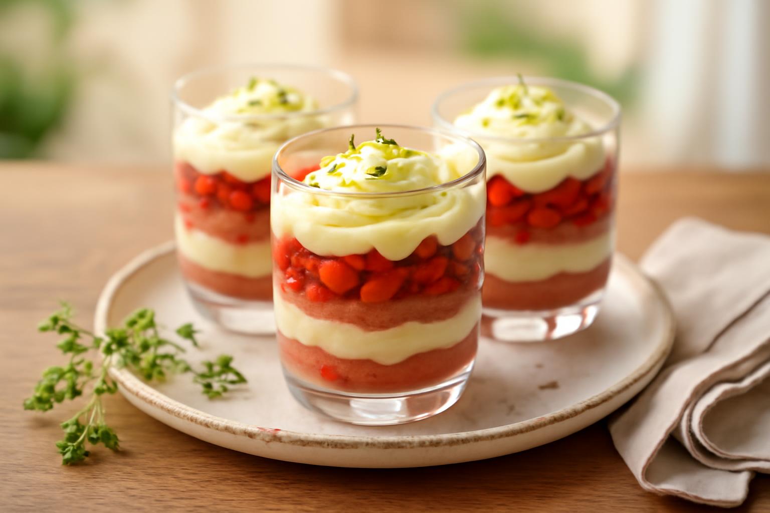 Verrines Fraîcheur Rhubarbe, Fraise & Crème Citron Vert Pistache