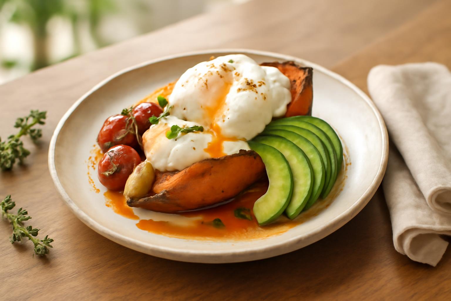 Patate douce rôtie garnie à la burrata, tomates rôties, avocat et œuf poché