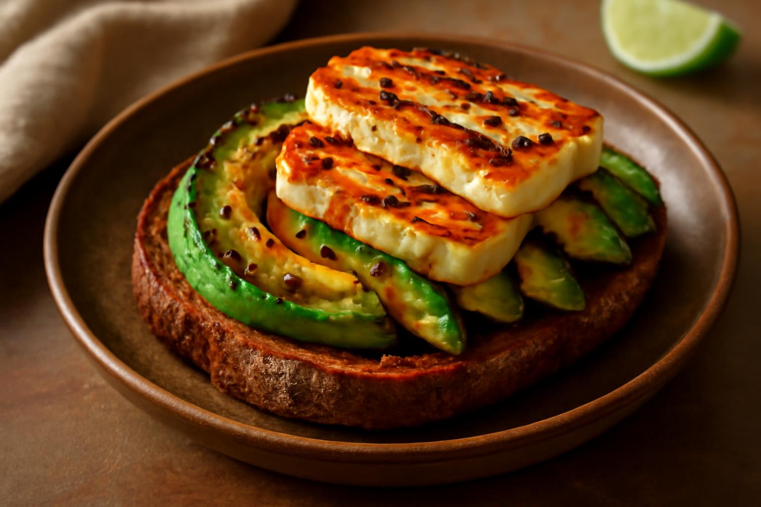 Tartine d'Avocat Brûlé et Halloumi Grillé