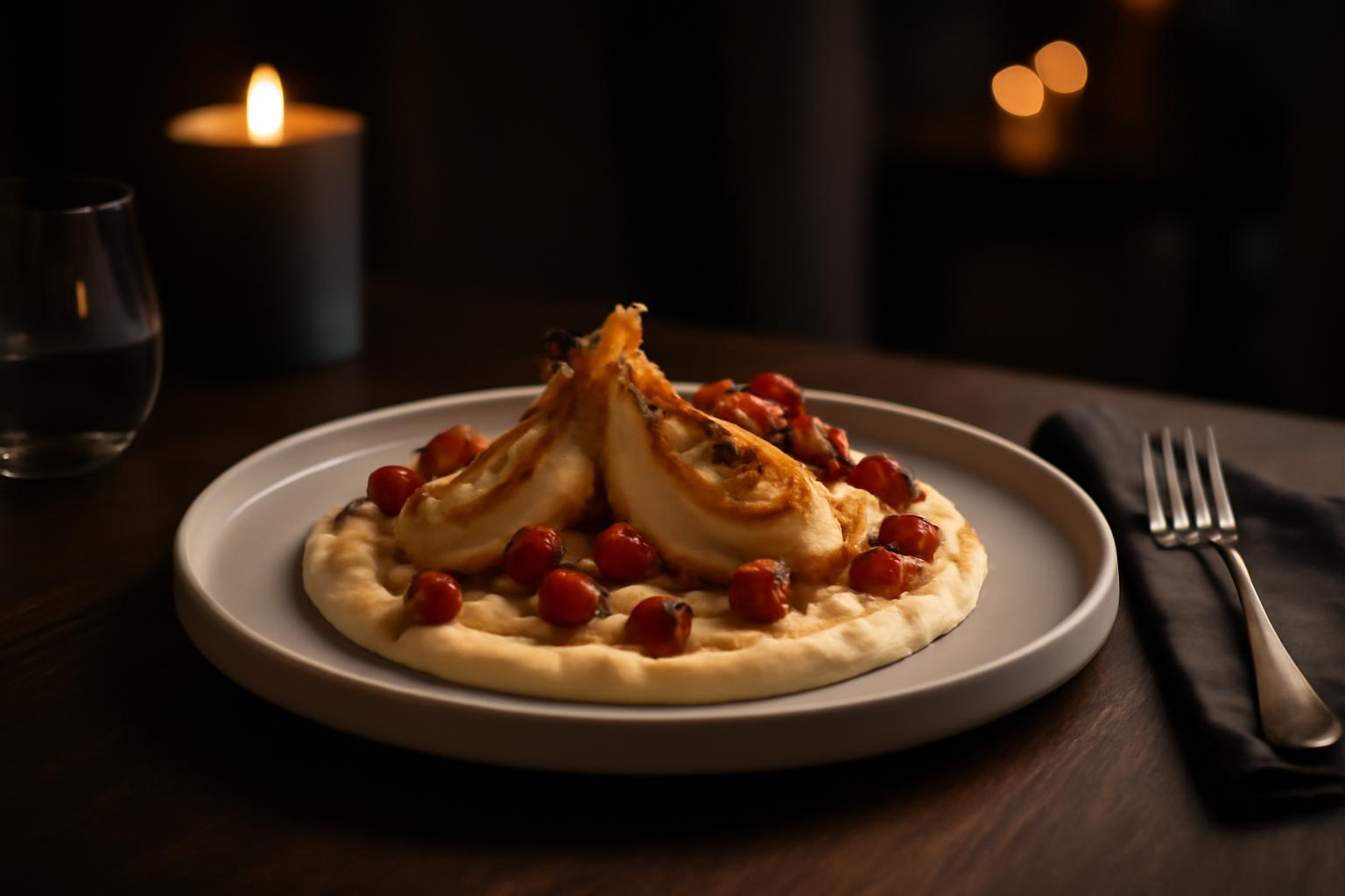 Fenouil grillé, houmous au citron confit et chorizo