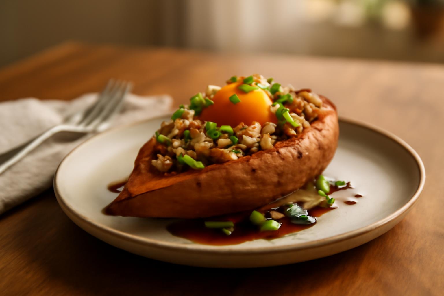 Patate douce farcie au thon et jaune d'oeuf confit à la sauce soja
