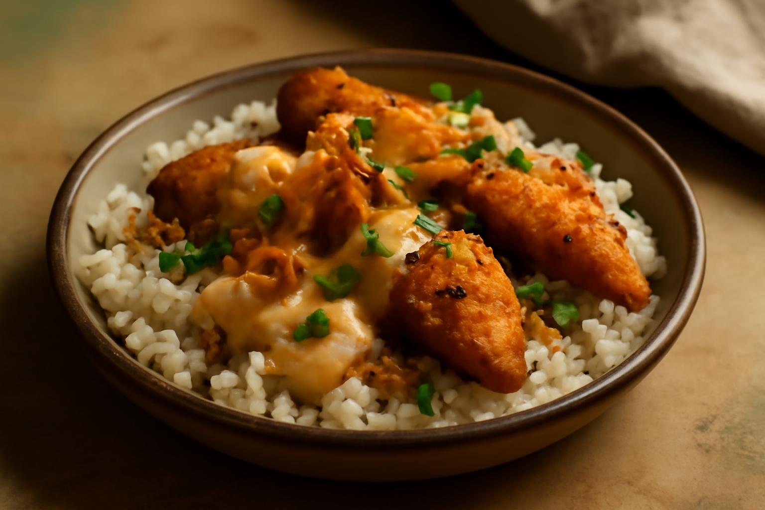 Tenders de poulet croustillants avec riz et sauce maison