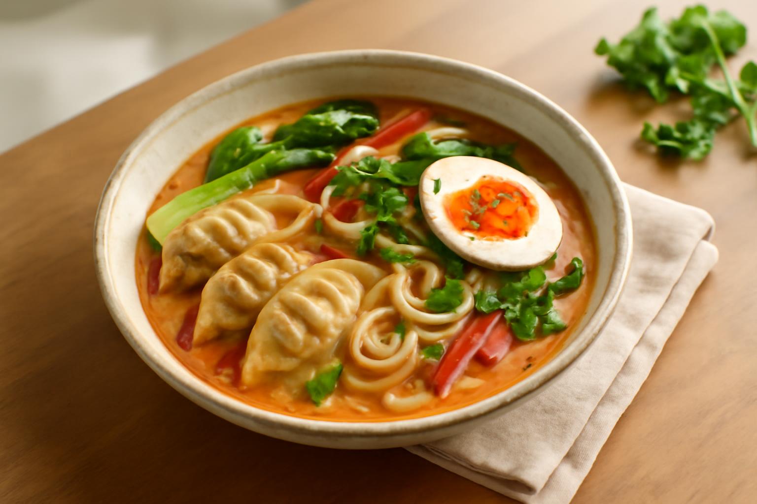 Soupe Thaï au Curry Rouge, Lait de Coco et Nouilles Udon