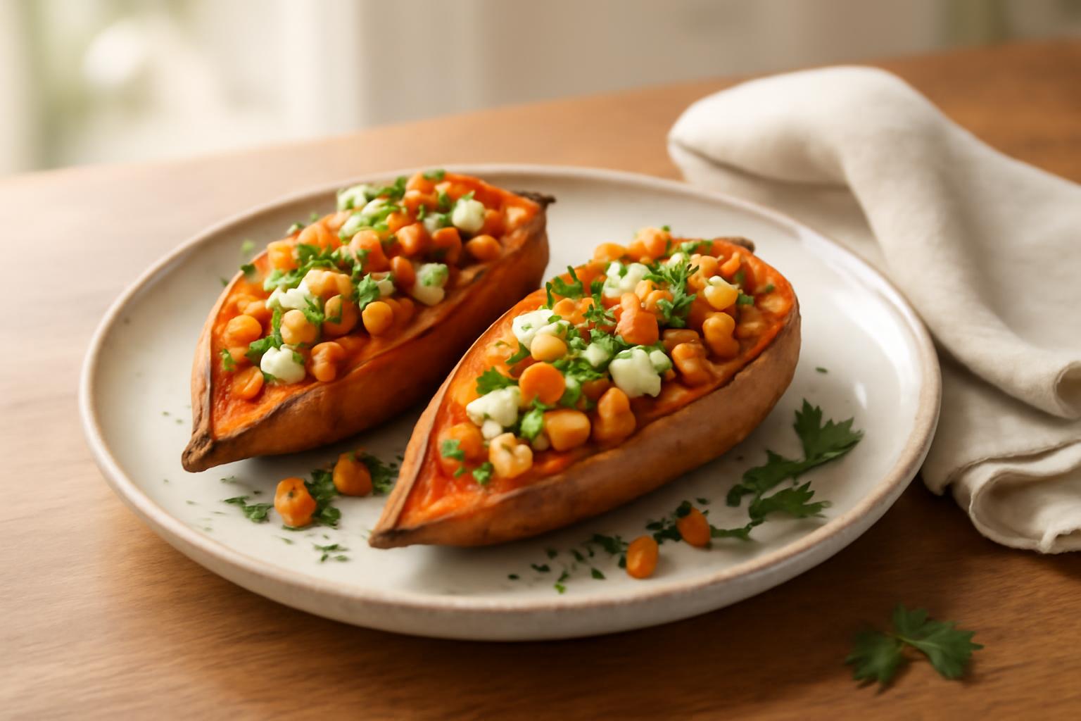 Patates douces garnies de pois-chiches rôtis au curry et feta