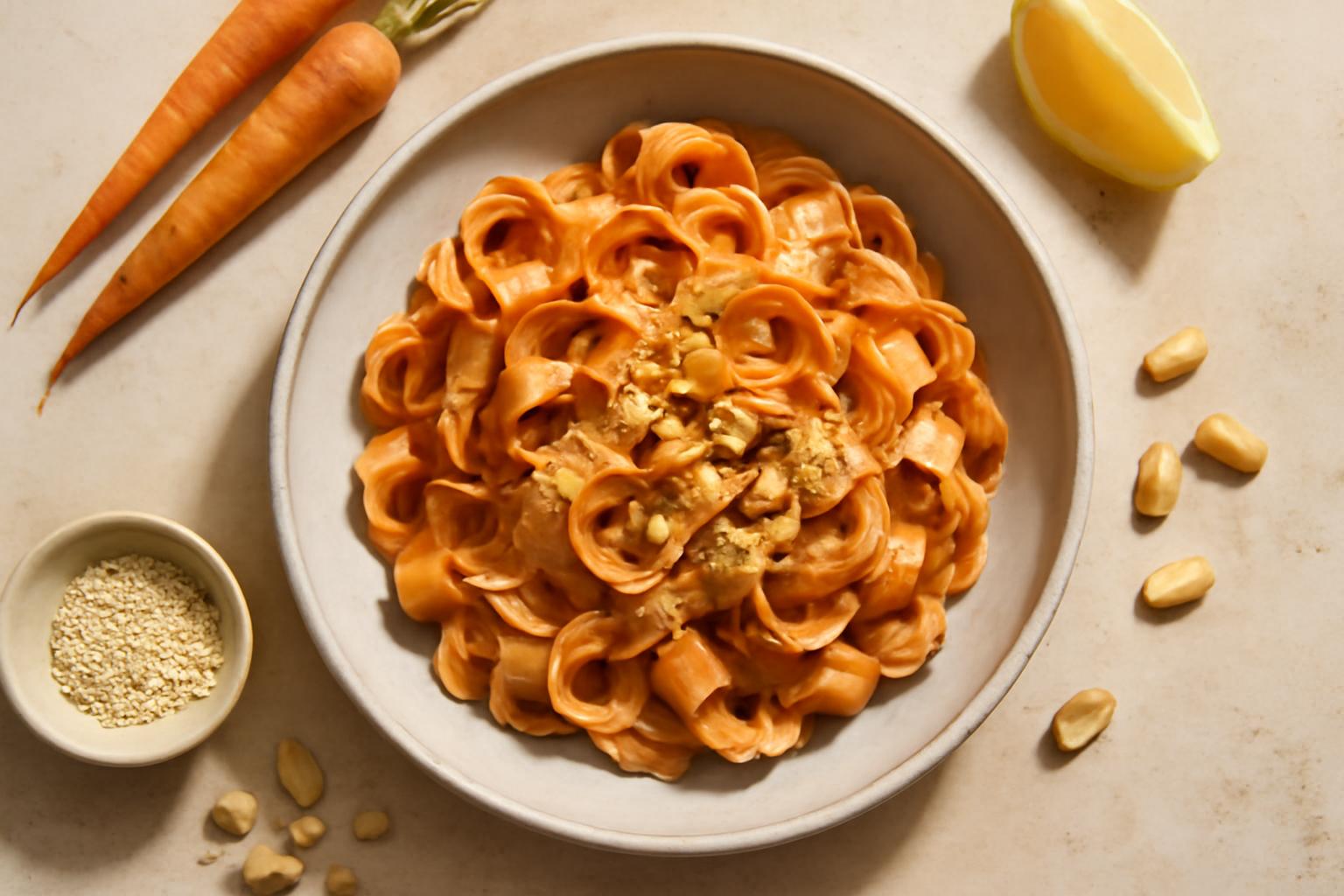 Salade de rubans de carottes avec sauce crémeuse cacahuète-sésame