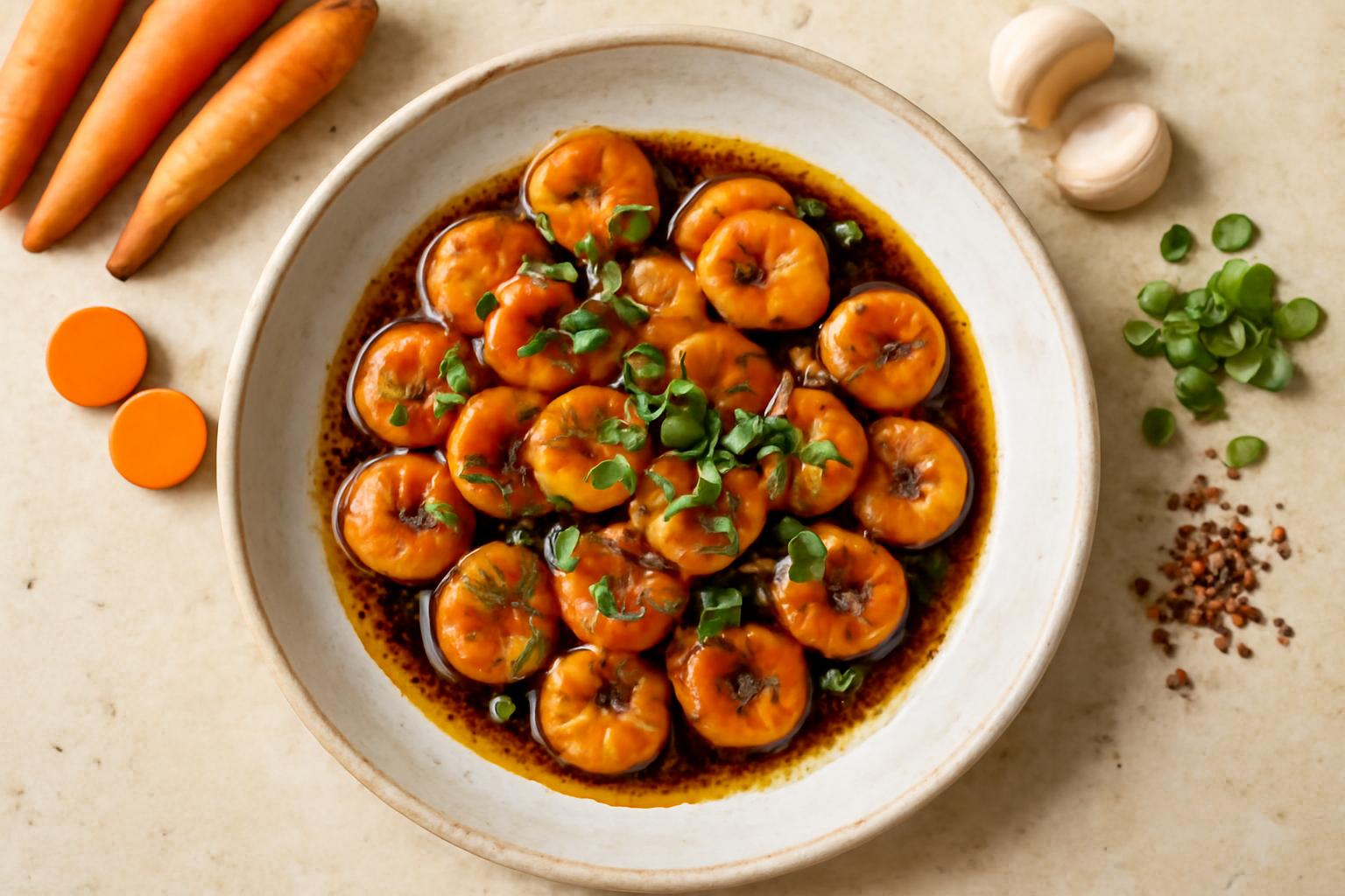 Nouilles en forme de boutons à la carotte avec sauce à l'huile pimentée à l'ail