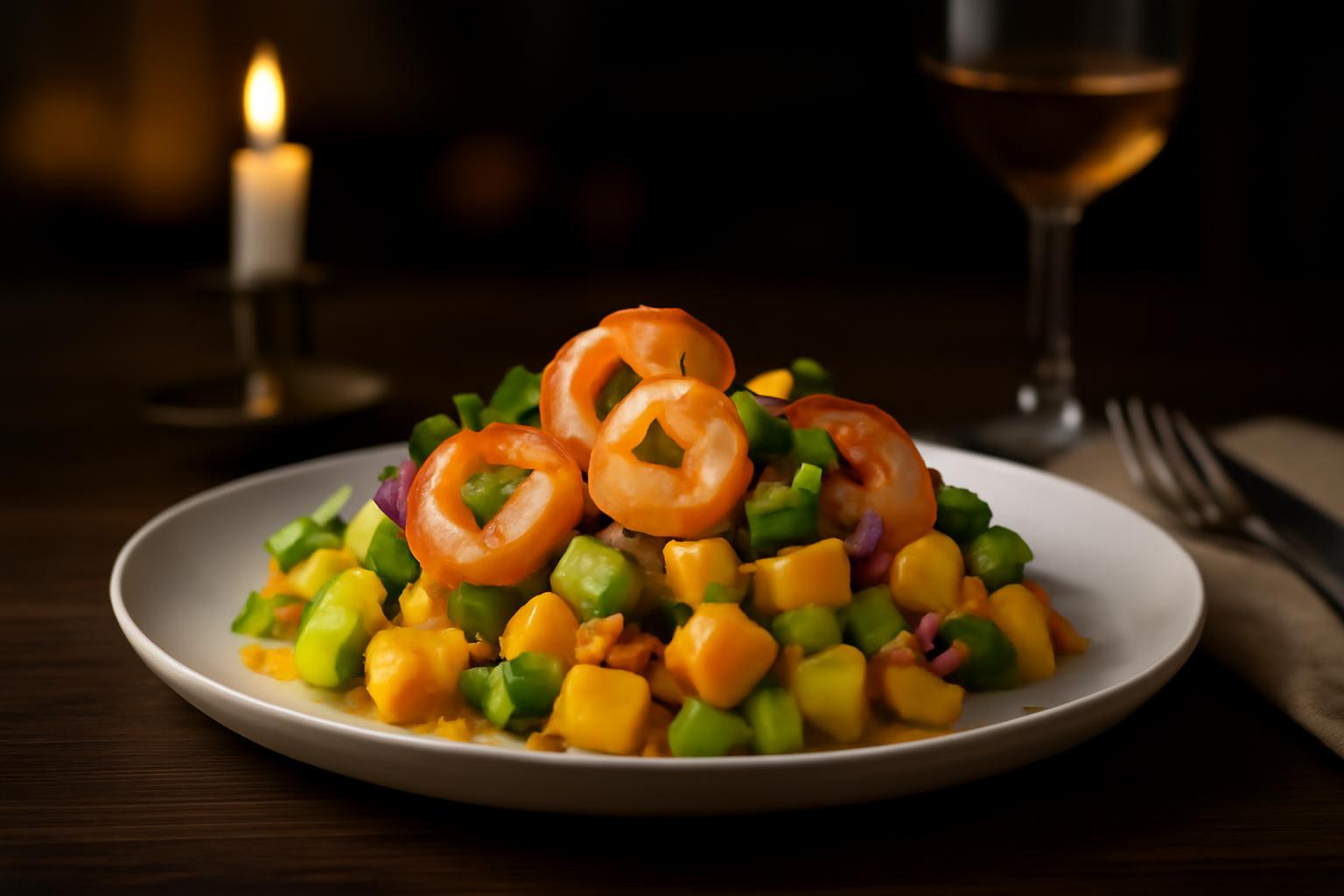 Salade de crevettes, mangue et sauce passion