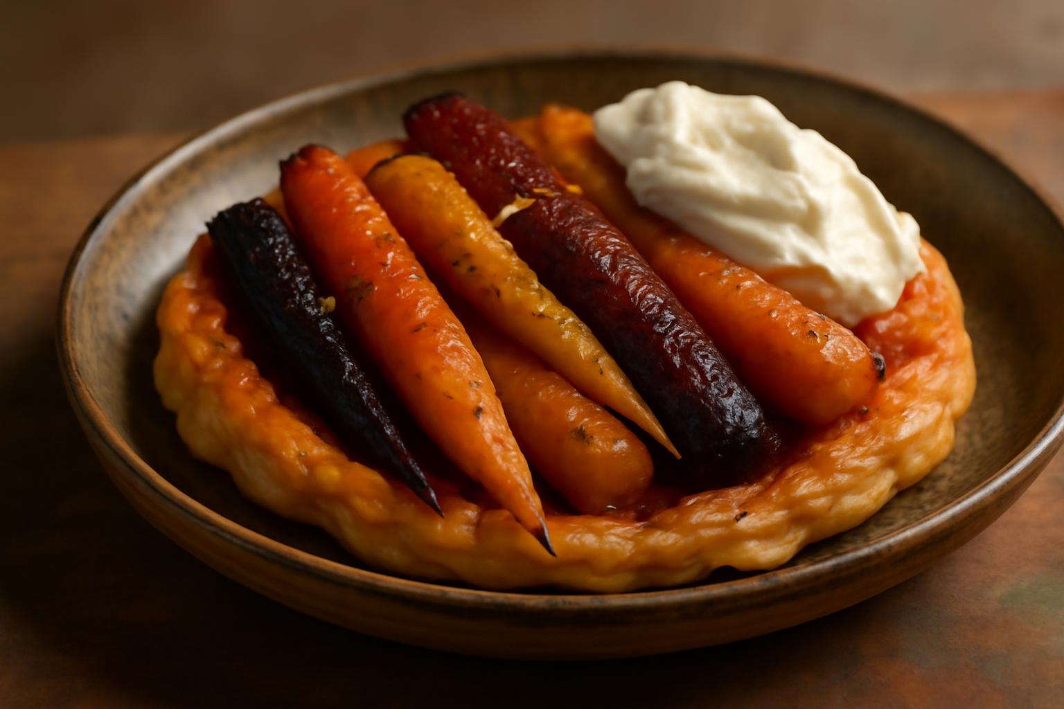 Tarte Tatin de Carottes Multicolores au Cumin & Orange, Crème de Feta Fouettée