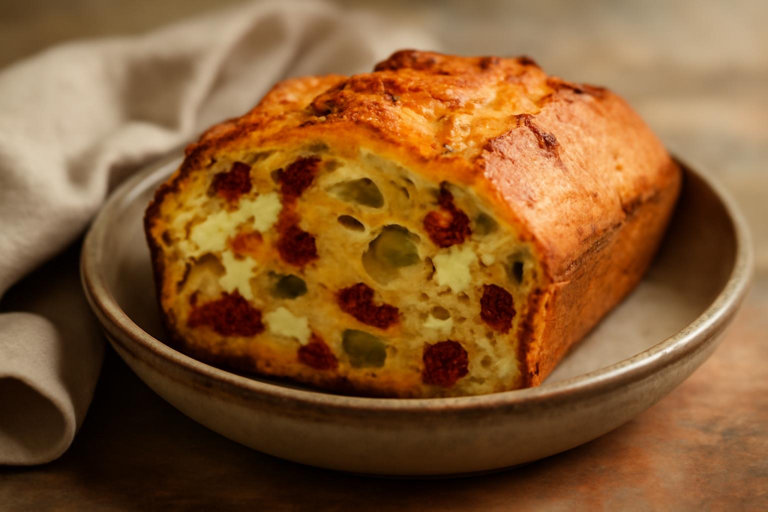 Cake tomates séchées, olives vertes et feta