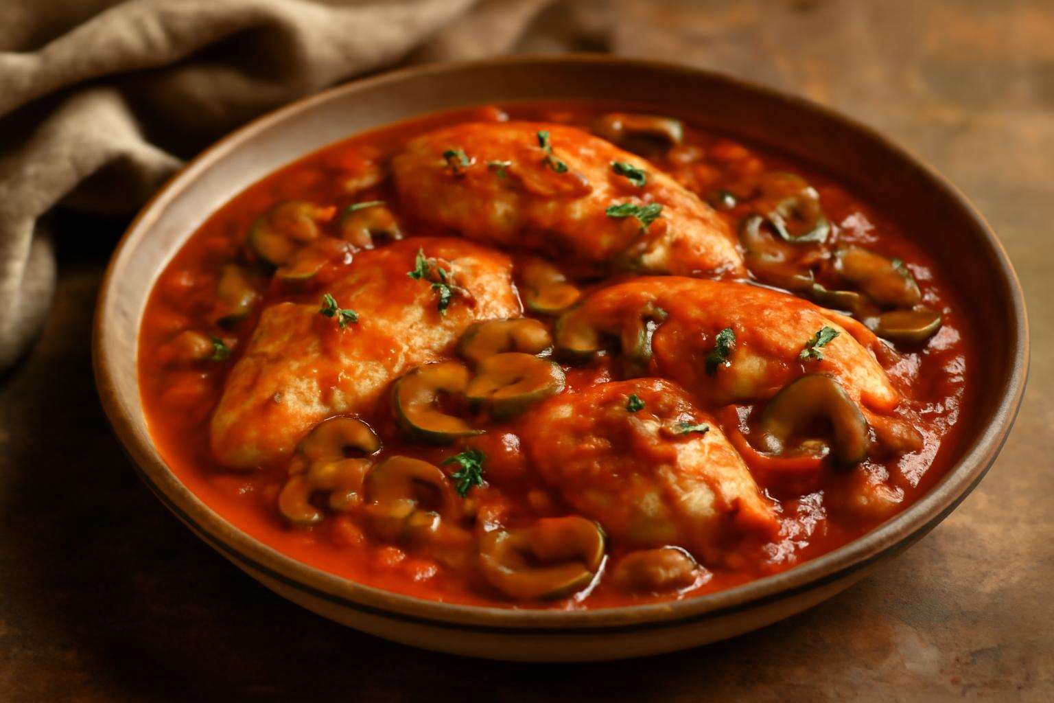 Blancs de poulet sauce tomate aux champignons