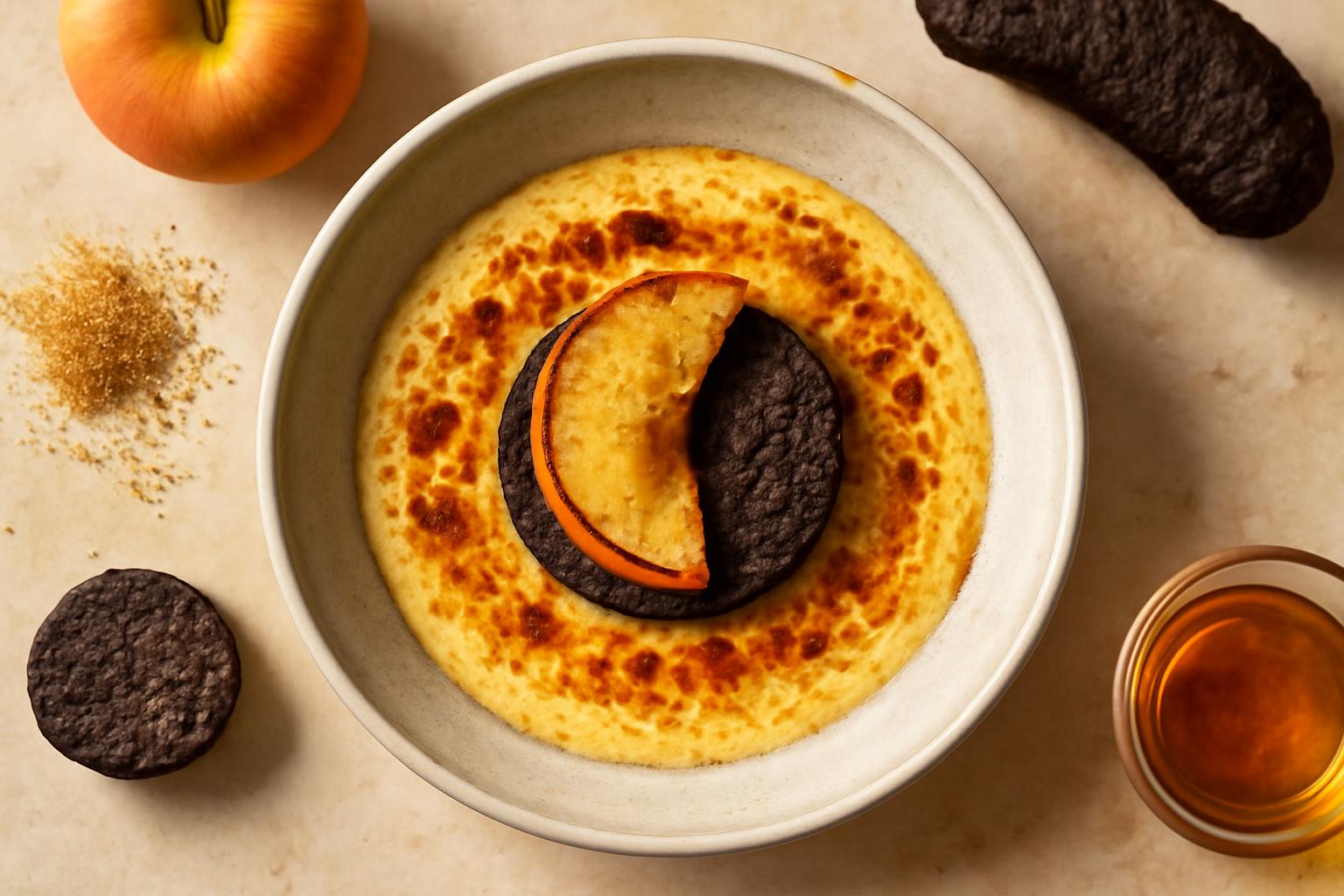 Crème Brûlée Salée au Boudin Noir et Pomme Rôtie au Calvados