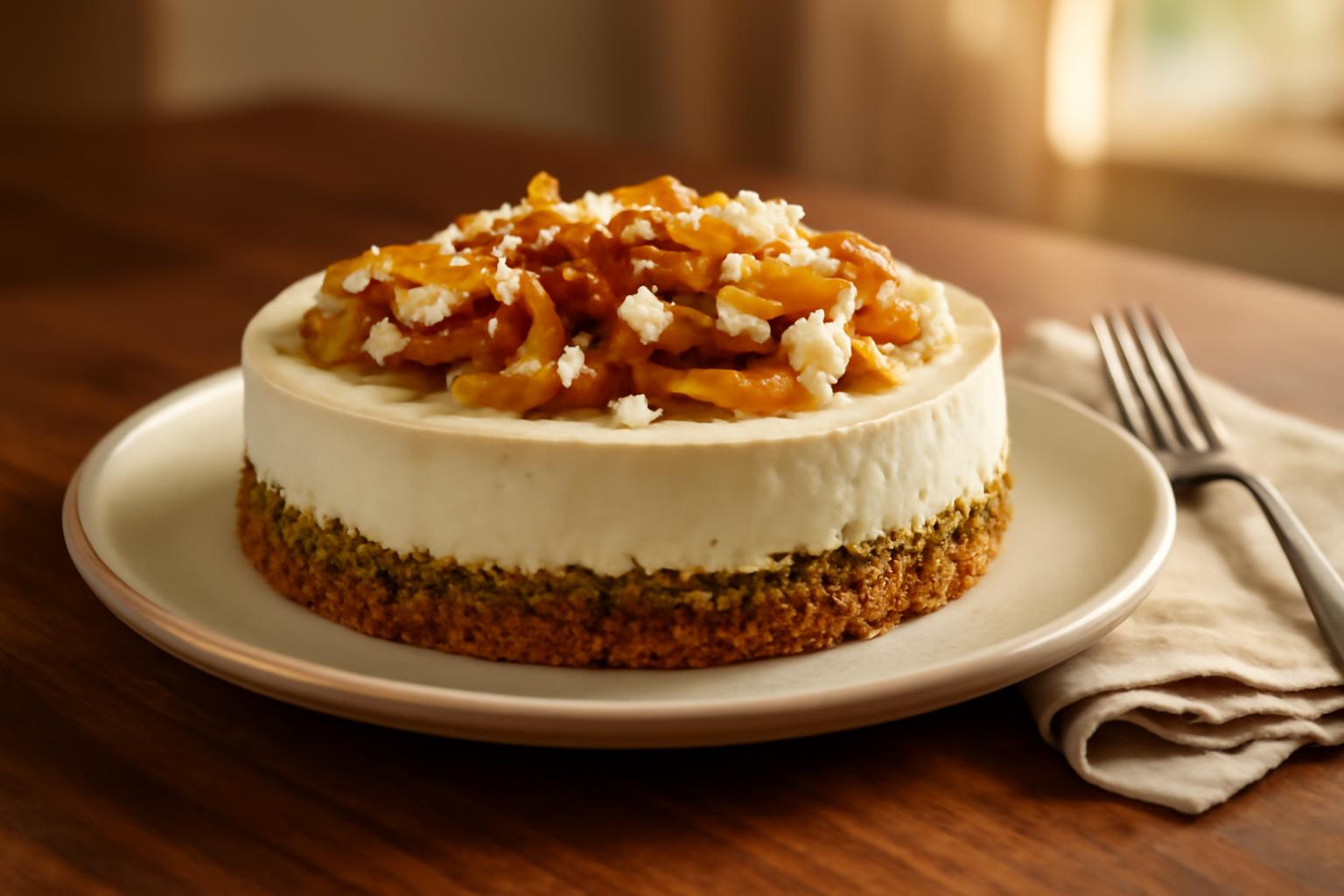 Cheesecake salé à la feta et oignons fondants avec croûte de pistache