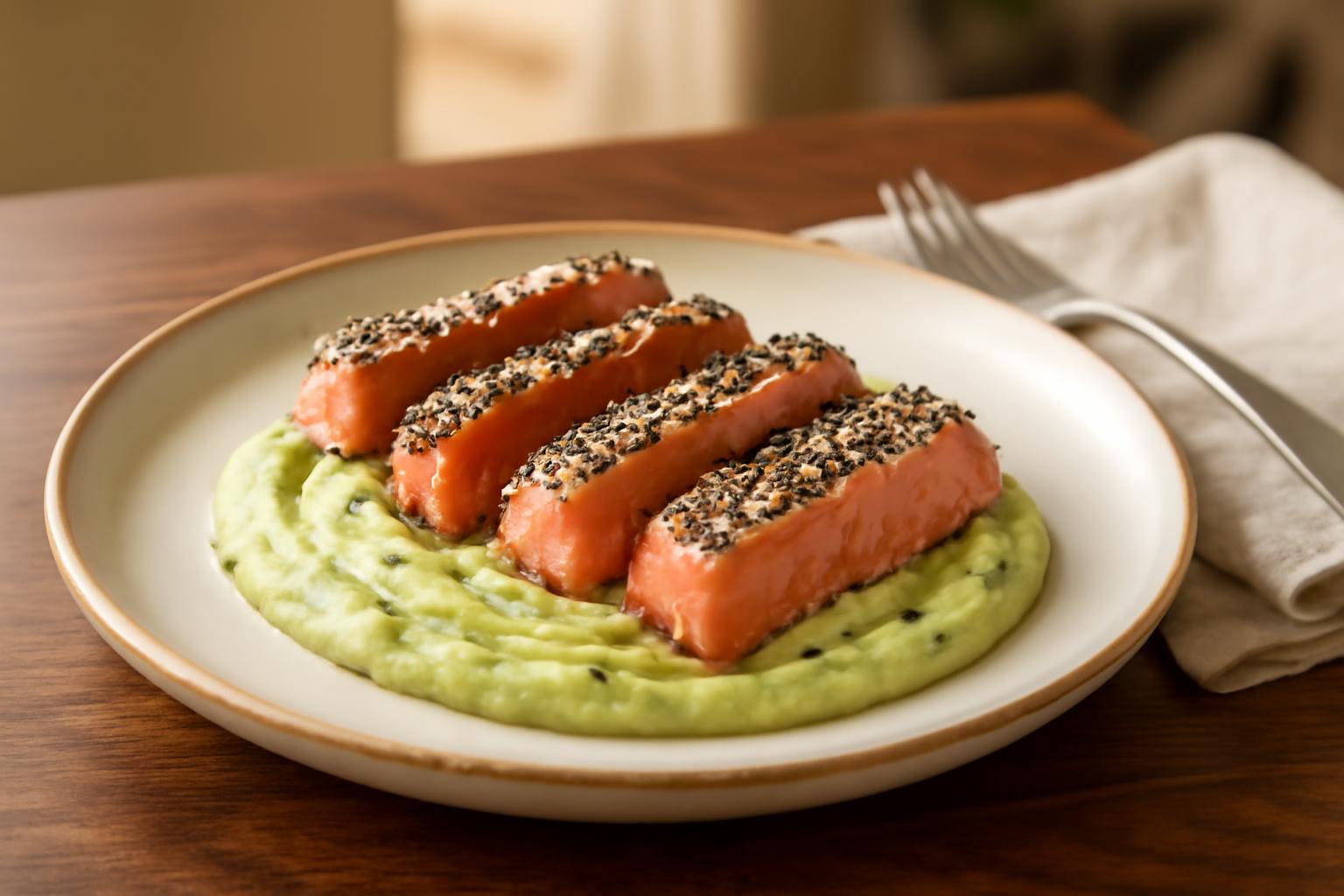 Tataki de saumon sur lit de mousse d'avocat