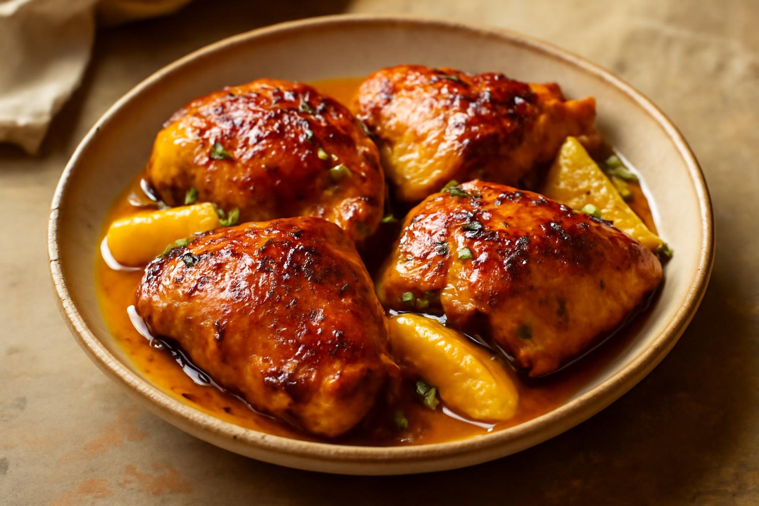 Cuisses de poulet à l'orange, thym et miel